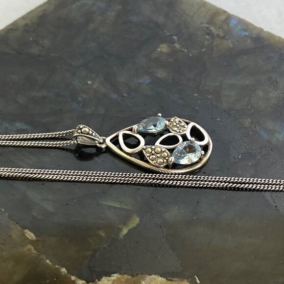Sterling Silver 925 SLC Blue Topaz Marcasite Teardrop Pendant Necklace 18" Chain - Picture 16 of 16